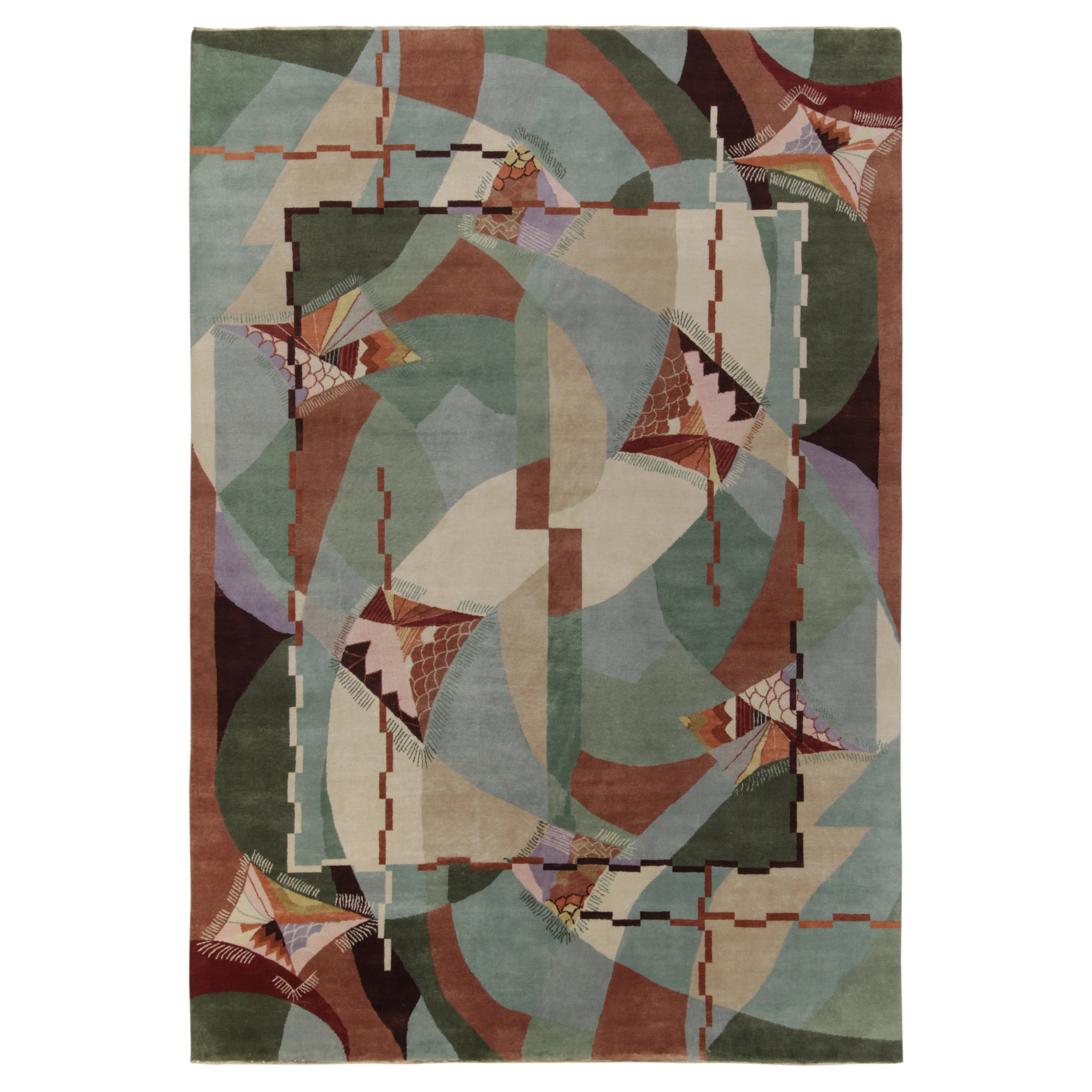 Rug & Kilim’s French style Art Deco rug in Green, Blue & Brown Patterns For Sale