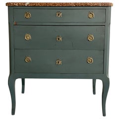 Antique Gustavian Paint Decorated Swedish Chest / Dresser, Marble Top, Brass Accent
