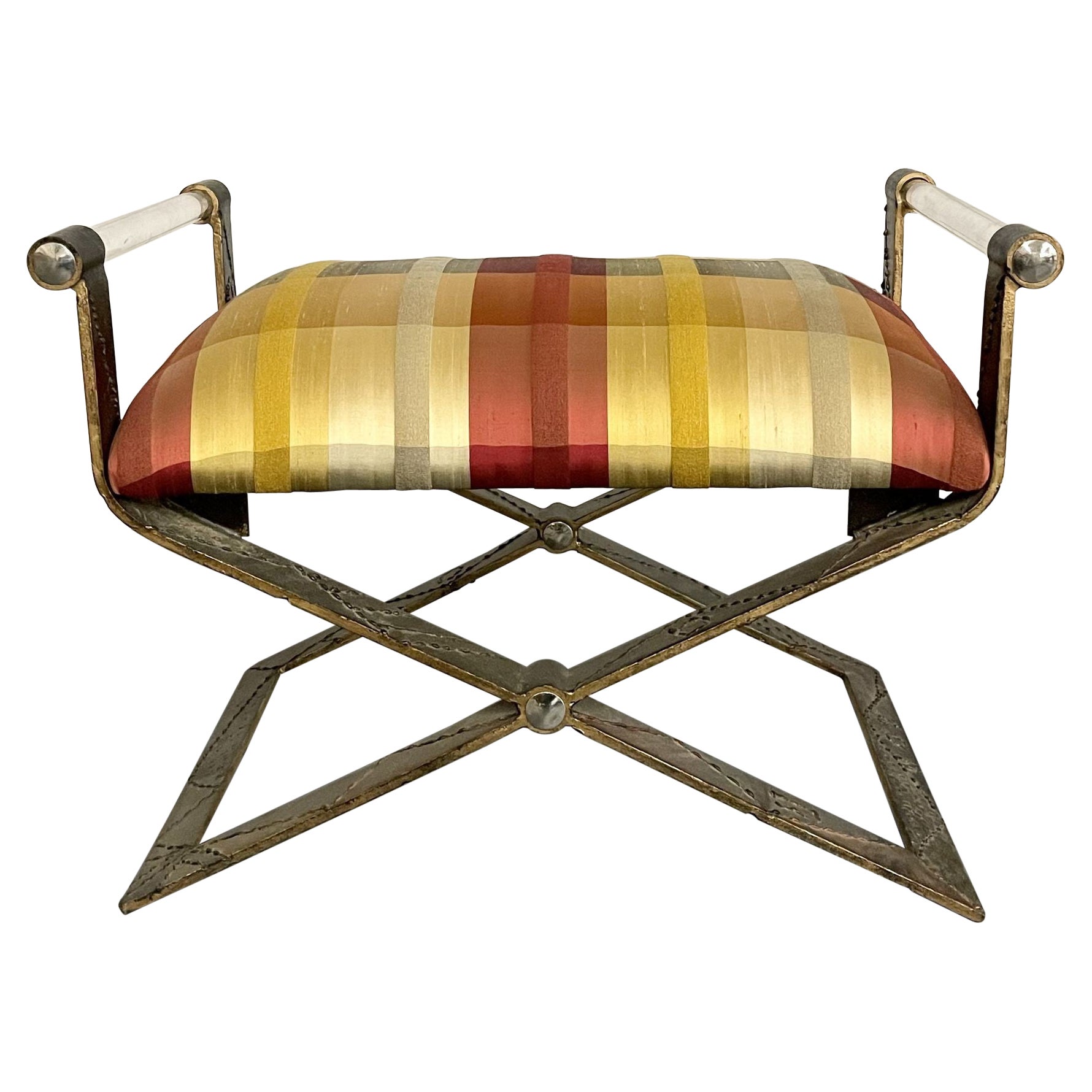 Mid Century Modern Paul Evan Style X Bench, Lucite Armrest, Chrome Accents For Sale