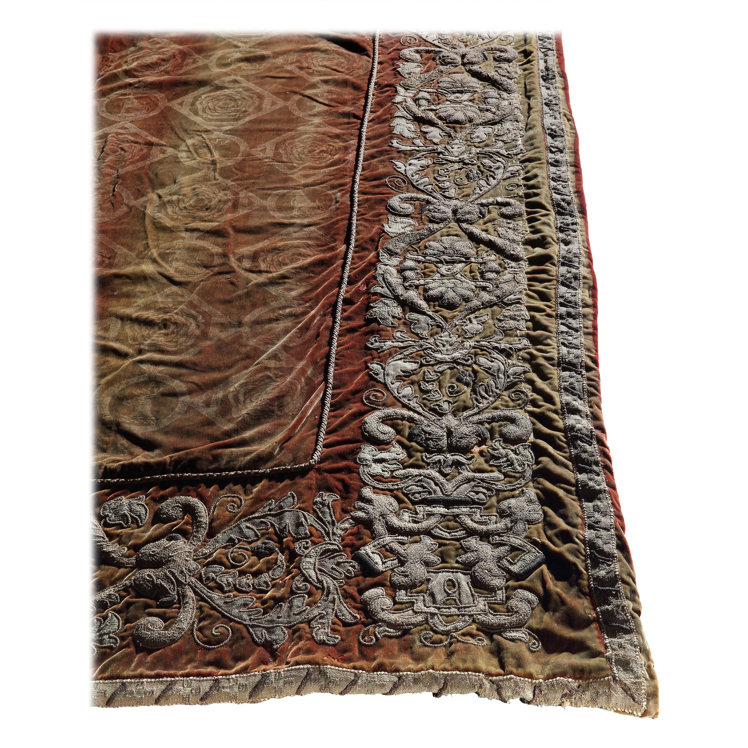 Curtains Mentmore Rust Silk Velvet Embossed Gilt Embroidered Applique Set Three For Sale