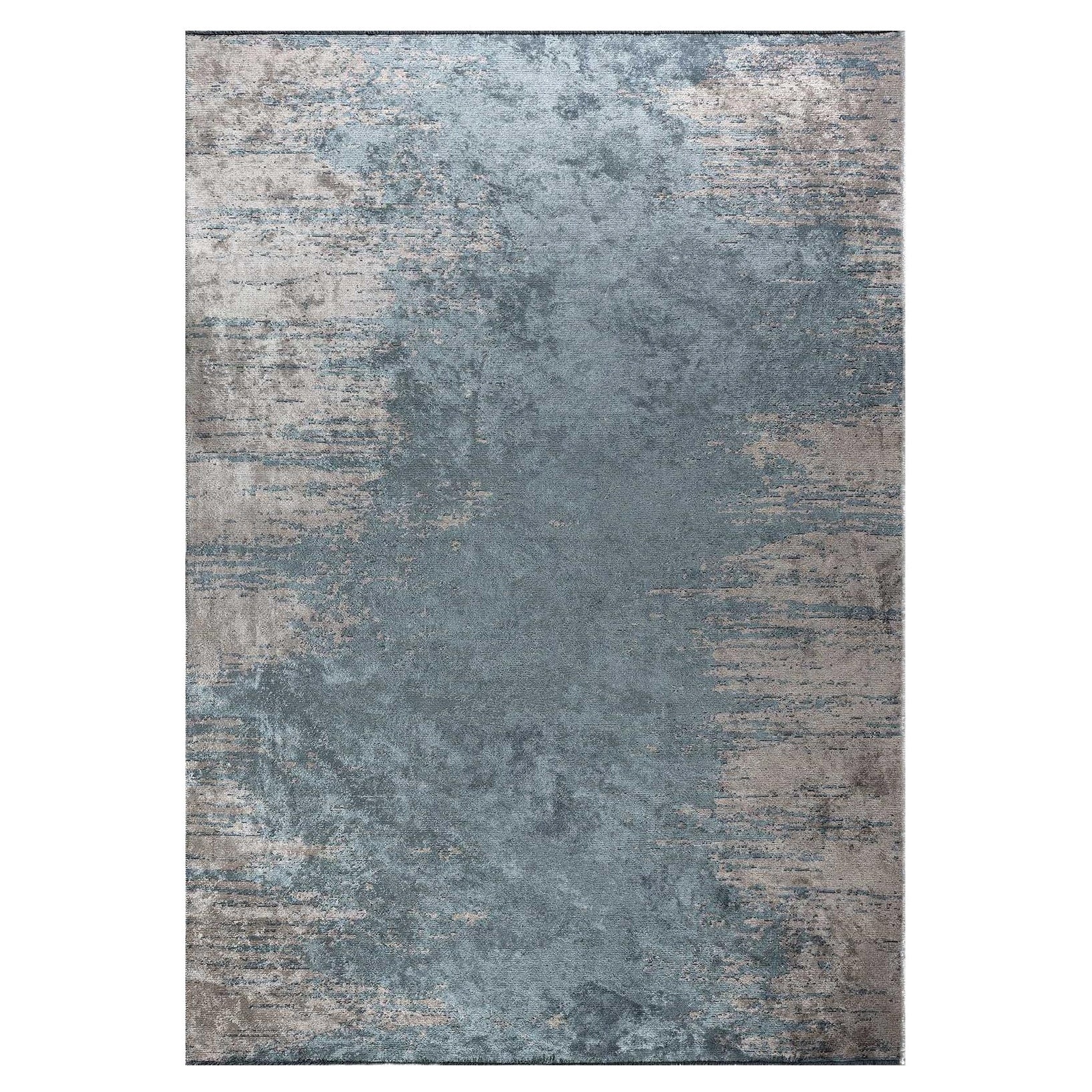 Tapis chenille moderne bleu clair et argenté abstrait sans frange prêt à expédier