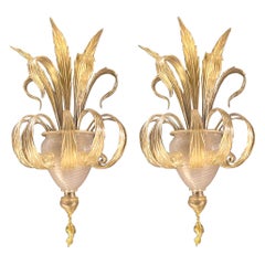 Pair of Sumptuous Gold Murano Glass Leave Wall Sconces
