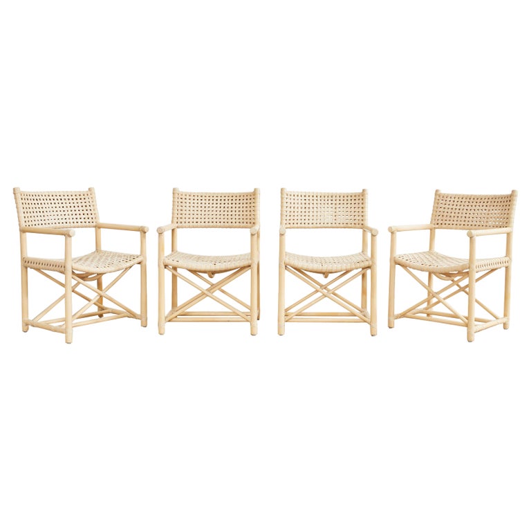 McGuire - Ensemble de quatre fauteuils de salle à manger en rotin blond  laqué et en cuir brut - En vente sur 1stDibs