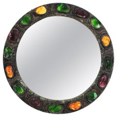 Vintage Round Wall Mirror with Green, Yellow and Purple Rock Crystals
