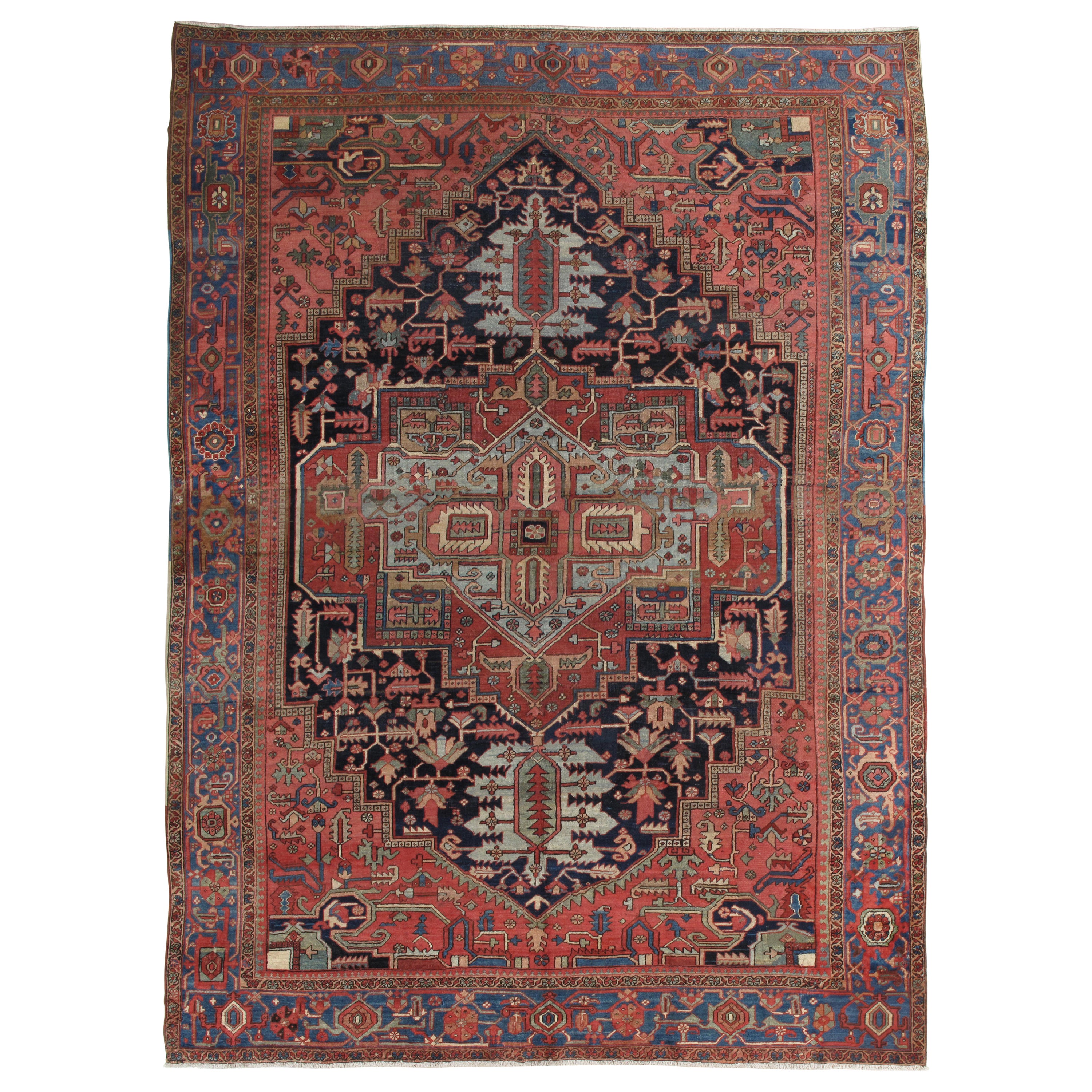 Antiker persischer Heriz-Teppich aus Wolle, handgefertigt, Rost, Marineblau, Hellblau im Angebot