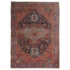 Antique Persian Heriz Carpet Handmade Wool Oriental Rug, Rust, Navy, Light Blue