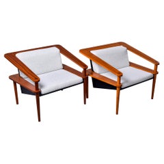 Pair Unusual Mid Century Sculptural Cube Chairs with Teak Frames
