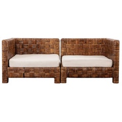 Billy Baldwin Style Two Part Cane Basketweave Parsons Sofa Settee
