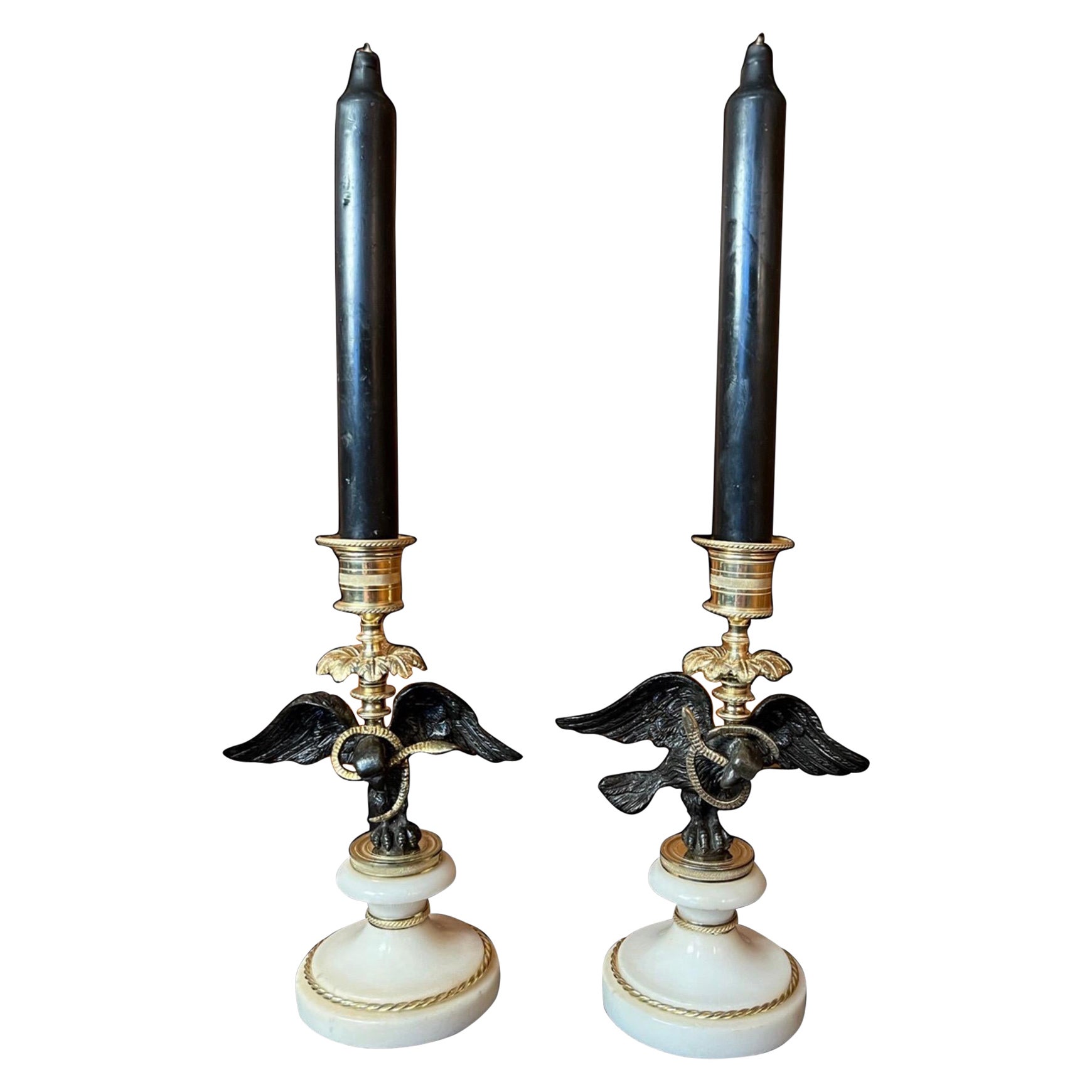 A Pair of Regency Bronze, Gilt-bronze & Marble Candle sticks. 