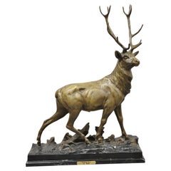 Retro Bronze Stag Walking Deer Statue on Marble Base After Charles Paillet