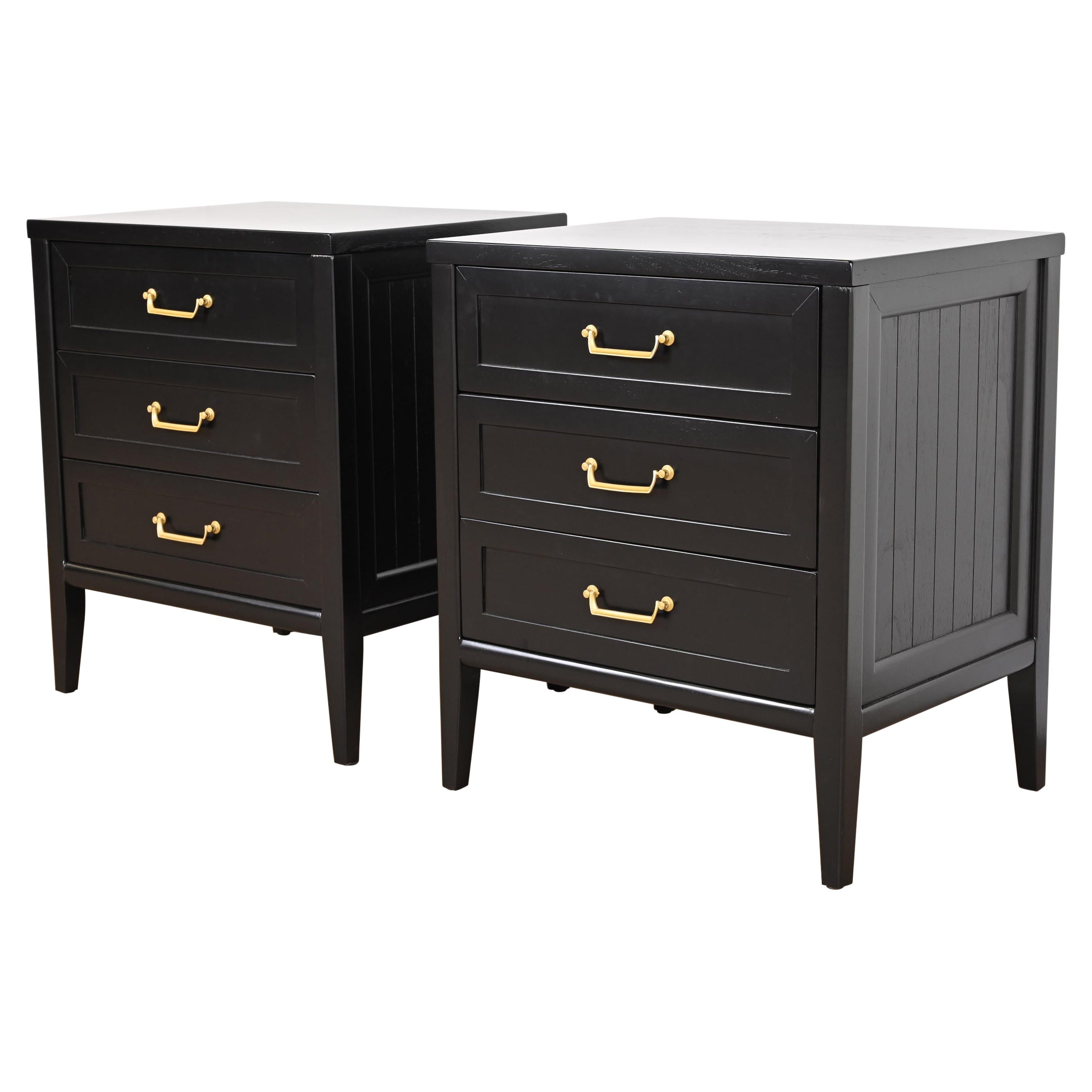 American of Martinsville French Regency Black Lacquered Nightstands, Refinished