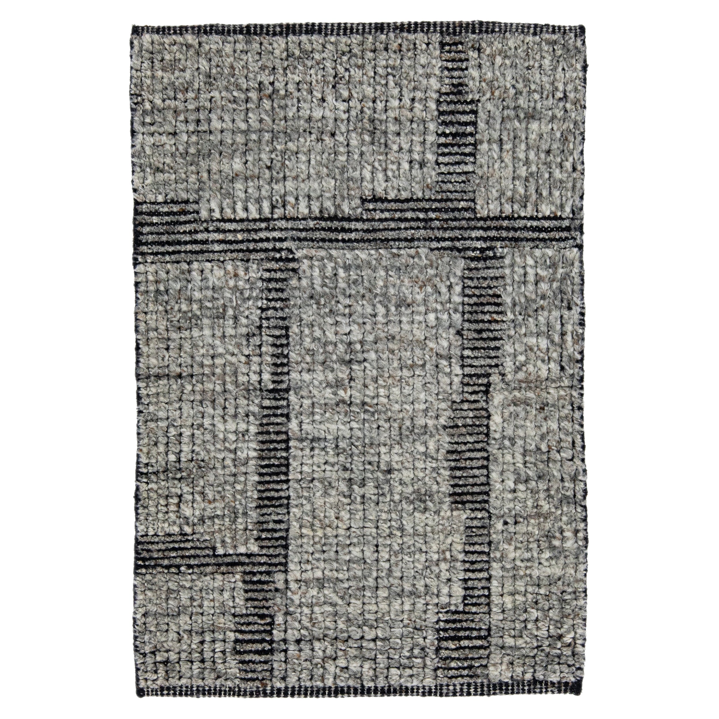 Gray Modern Moroccan Style Handmade Custom Wool Rug For Sale