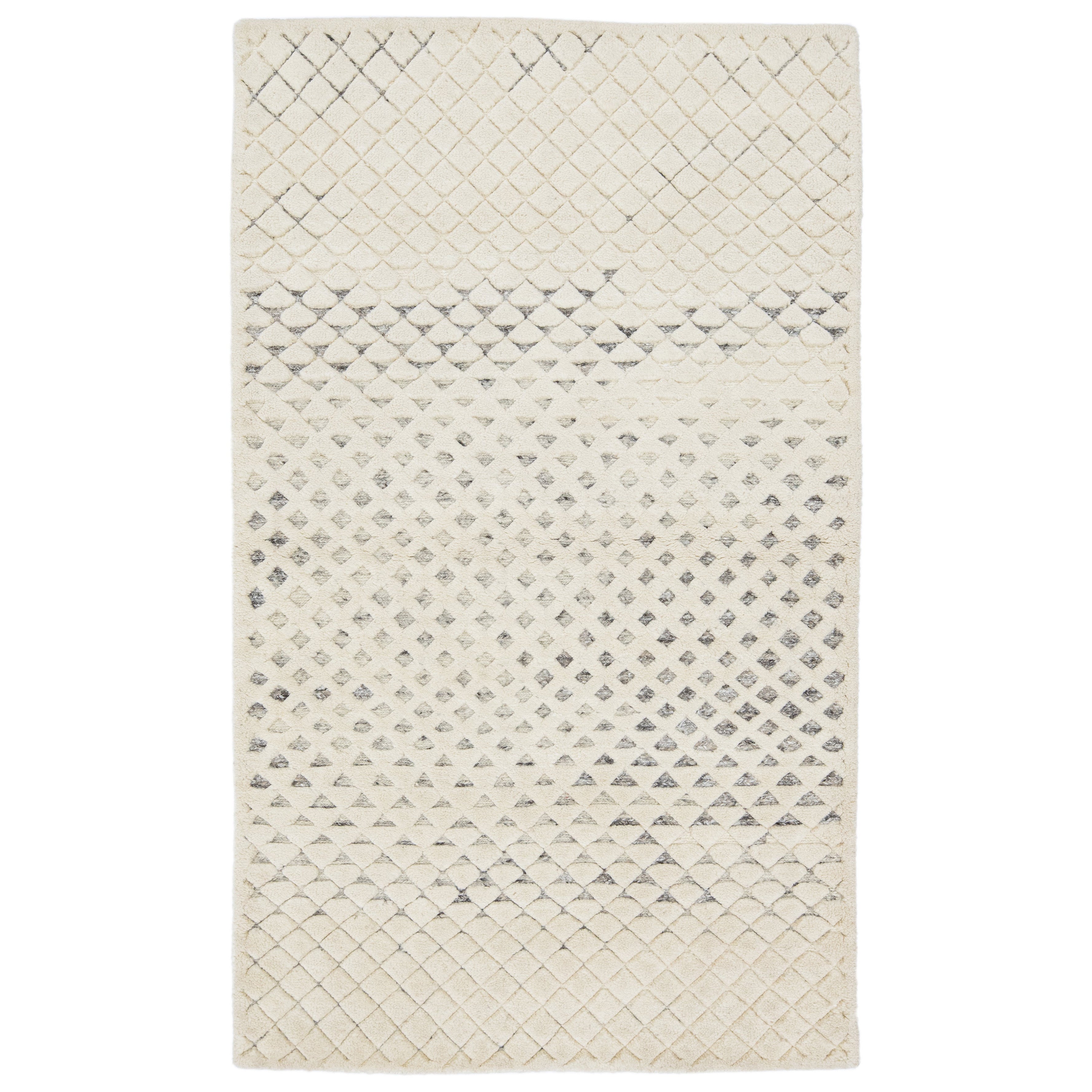 Modern Moroccan Style Ivory Handmade Custom Wool Rug