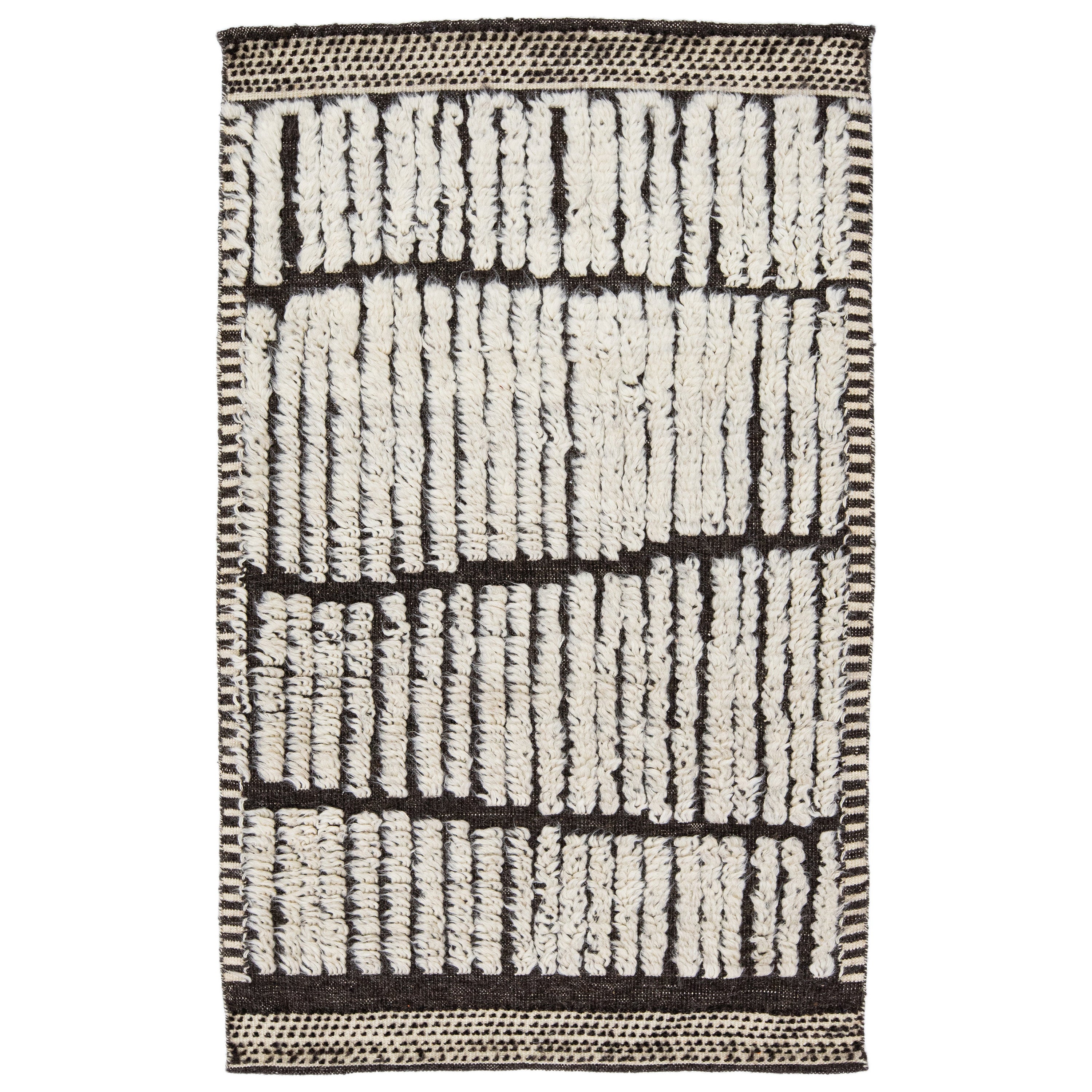 Moderner moderner braun/ elfenbeinfarbener handgefertigter Wollteppich im marokkanischen Stil