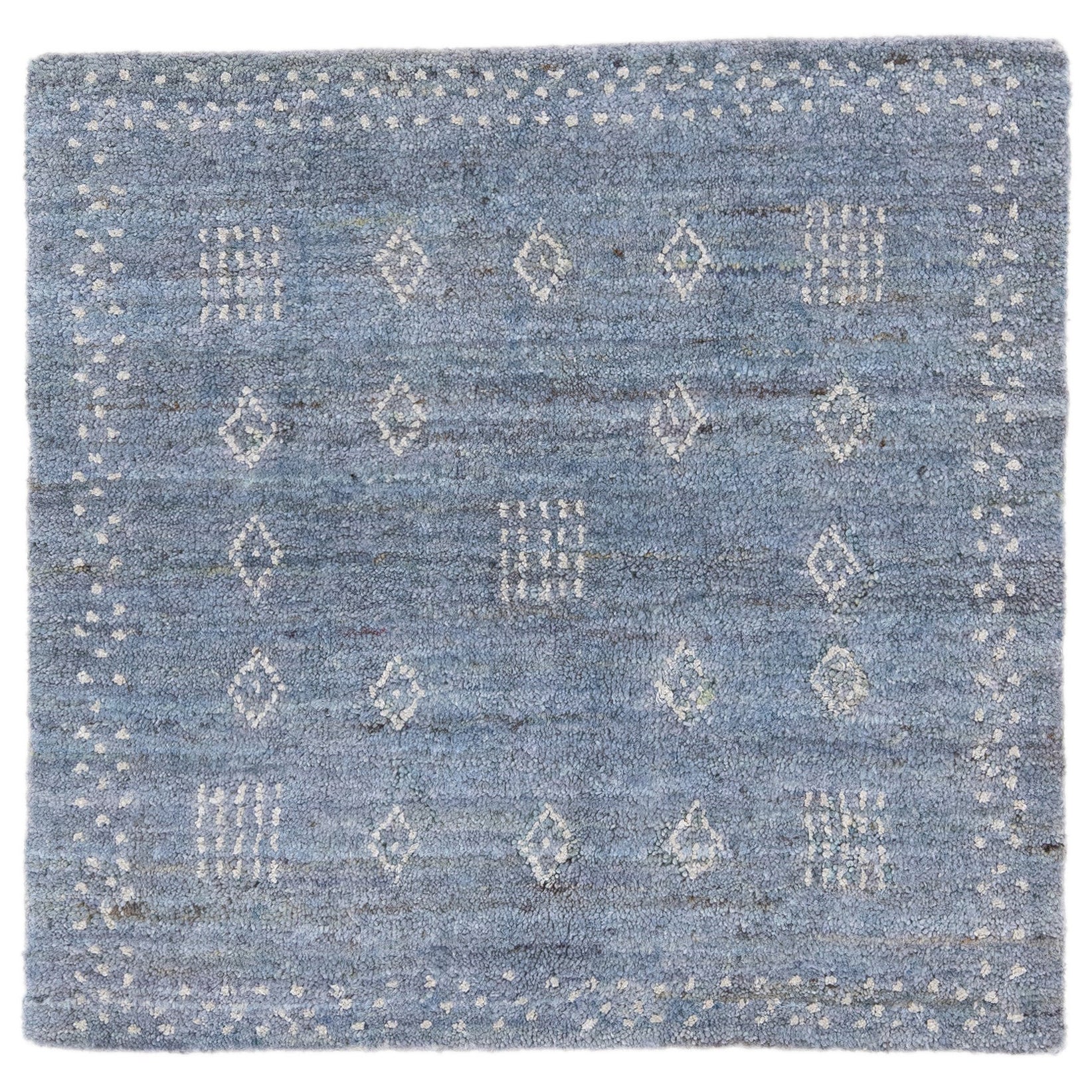 Moderner moderner blauer handgefertigter Wollteppich im Gabbeh-Stil im Angebot