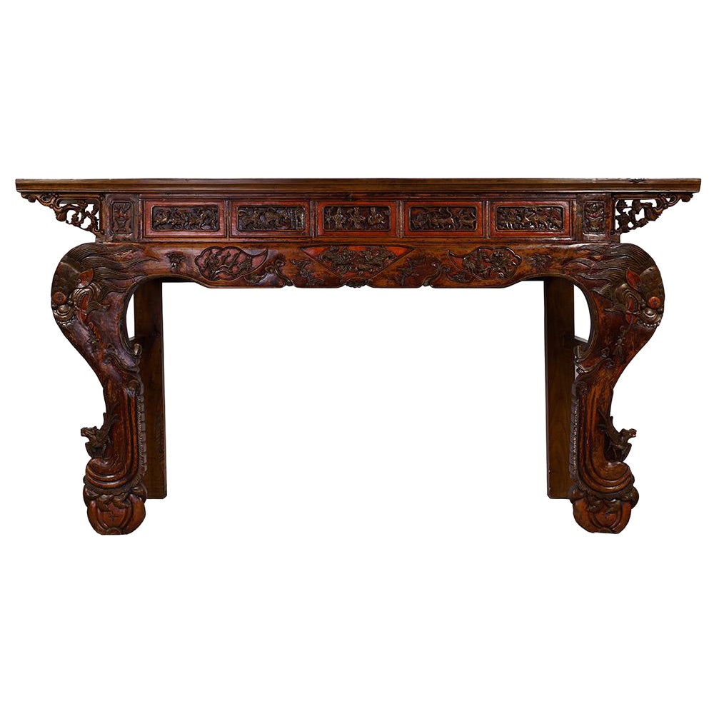 Table d'entrée/table d'entrée chinoise ancienne du 19ème siècle en laque rouge sculptée en vente