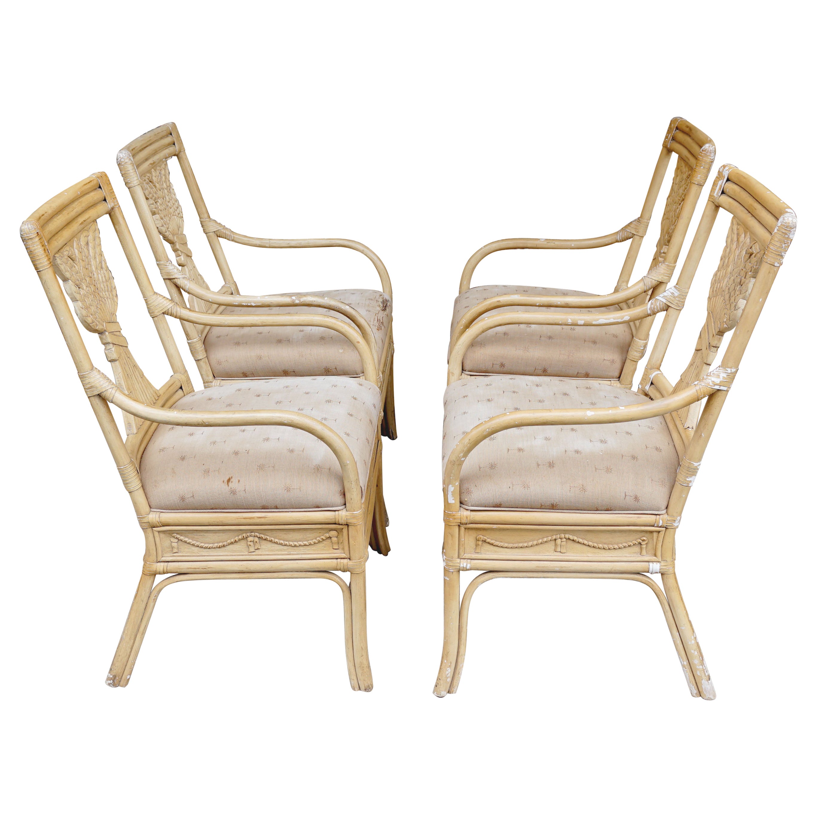 Set of Four Neo Classical 1930s Armchairs of Bamboo and Rattan in Beige