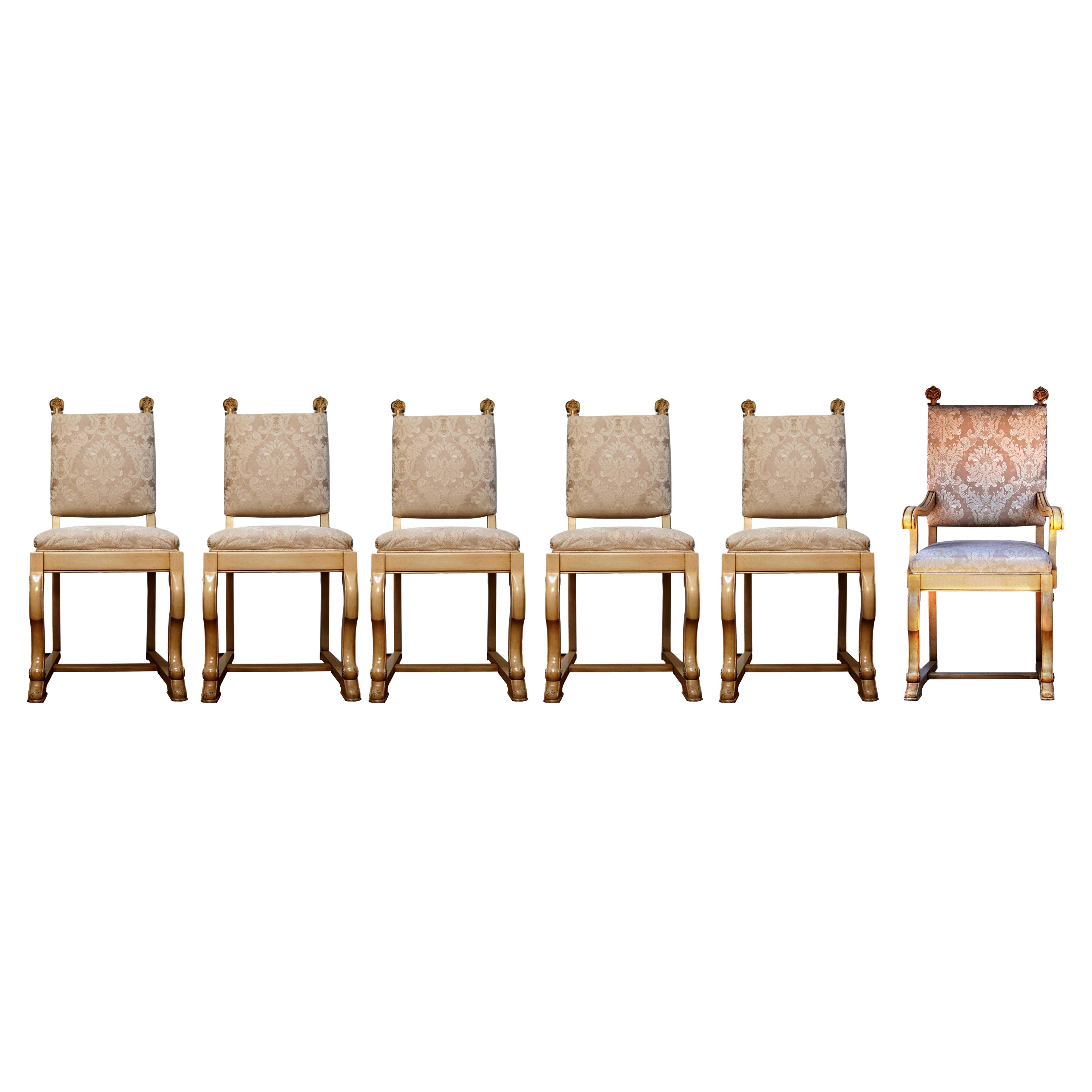 Ensemble de six chaises de salle à manger vintage dorées à la feuille avec fleurons dans le style français