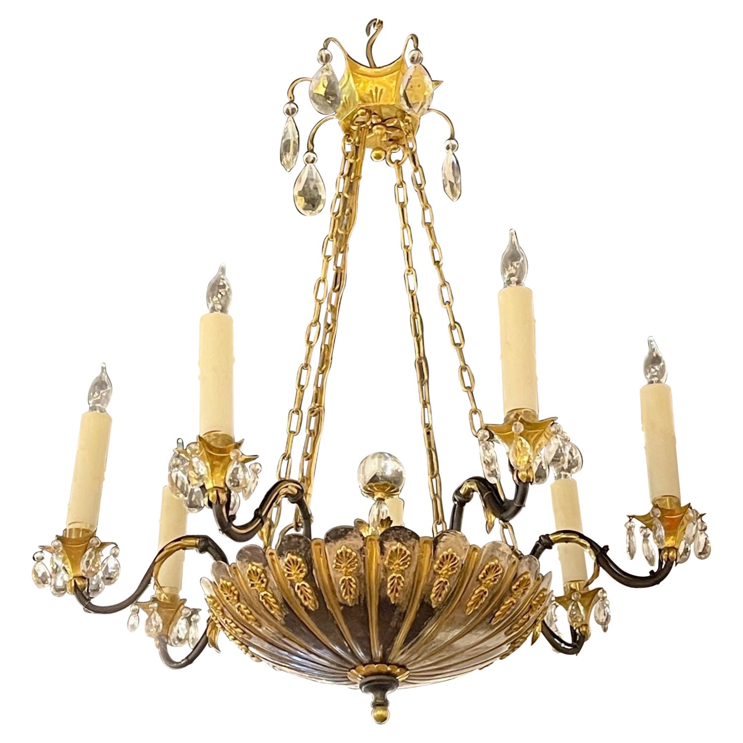 19th Century English Silver and Bronze 7 Light Chandelier