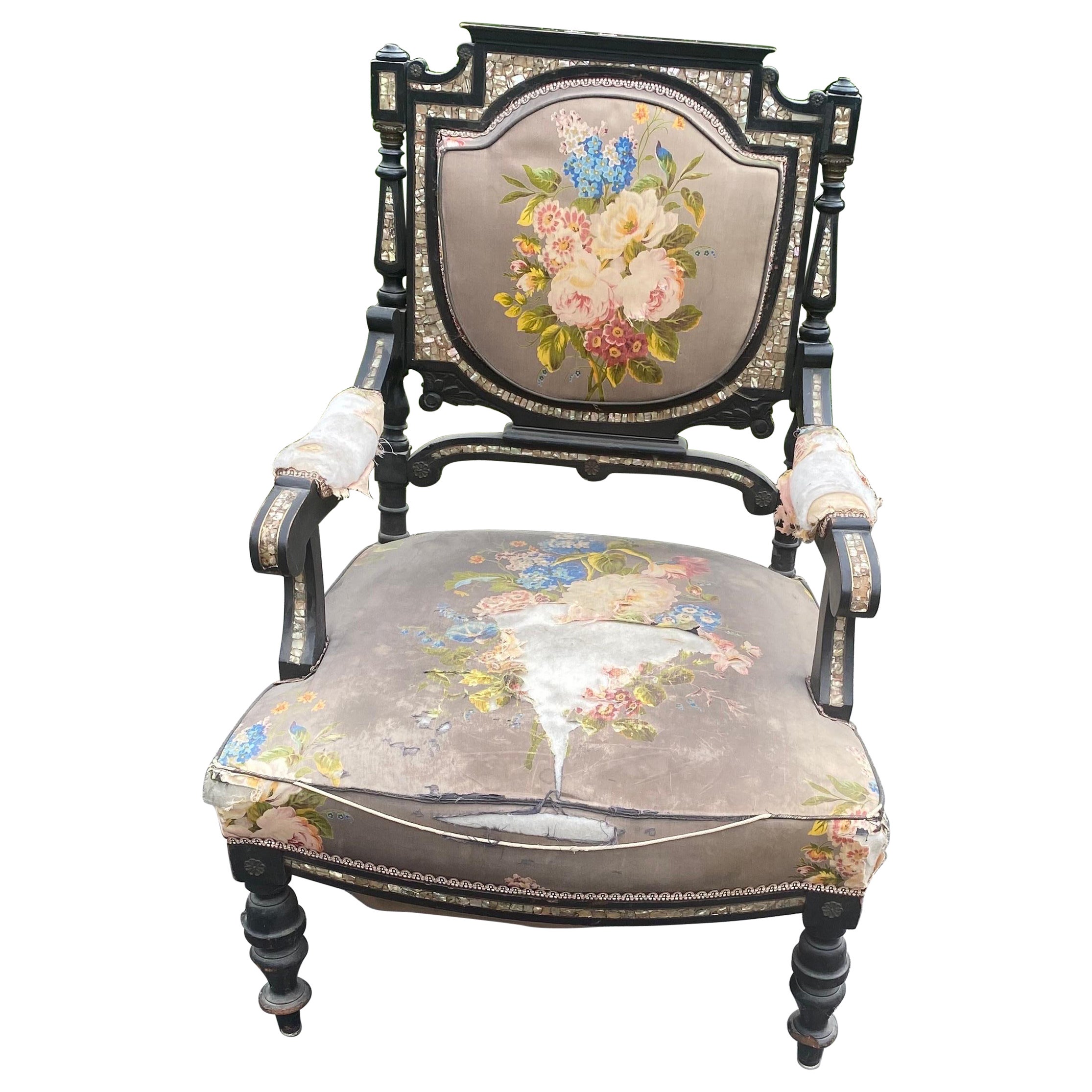 Original Napoleon III Armchair, Blackened Wood, Mother-of-pearl Inlay For Sale