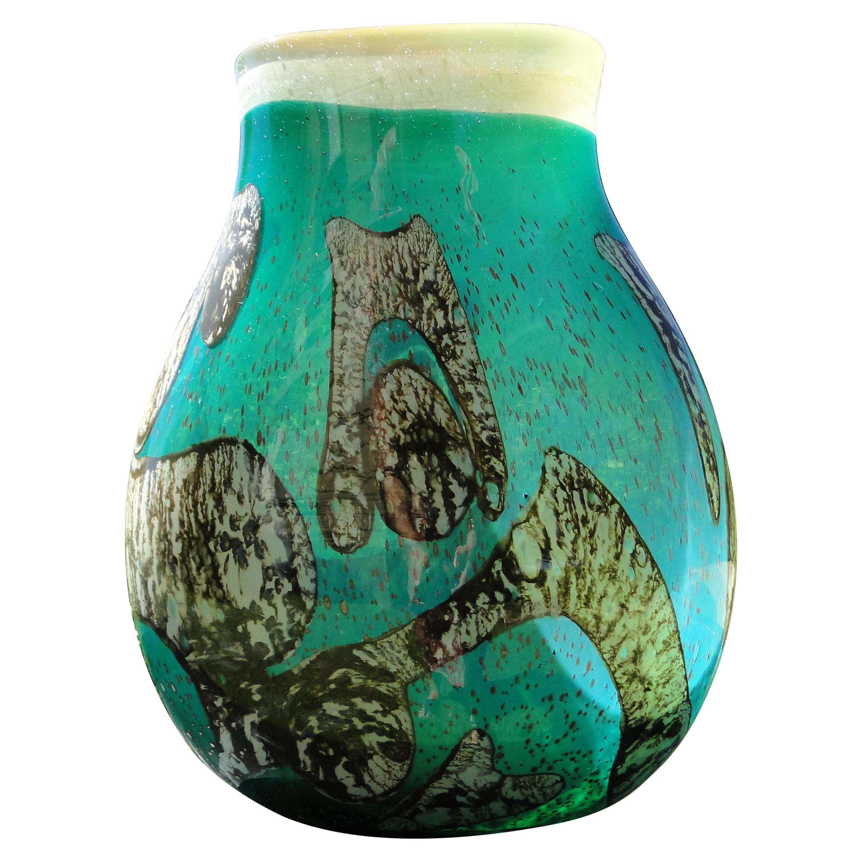 Biot - Grand vase en verre soufflé bleu turquoise, France 