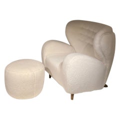 Retro Finnish White Comfy Marta Blomstedt Armchair with Its Matching Footstool, 1960's