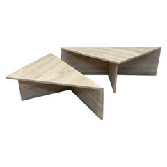 Polished Italian Travertine Triangle Coffee Tables, 1970s, a Pair