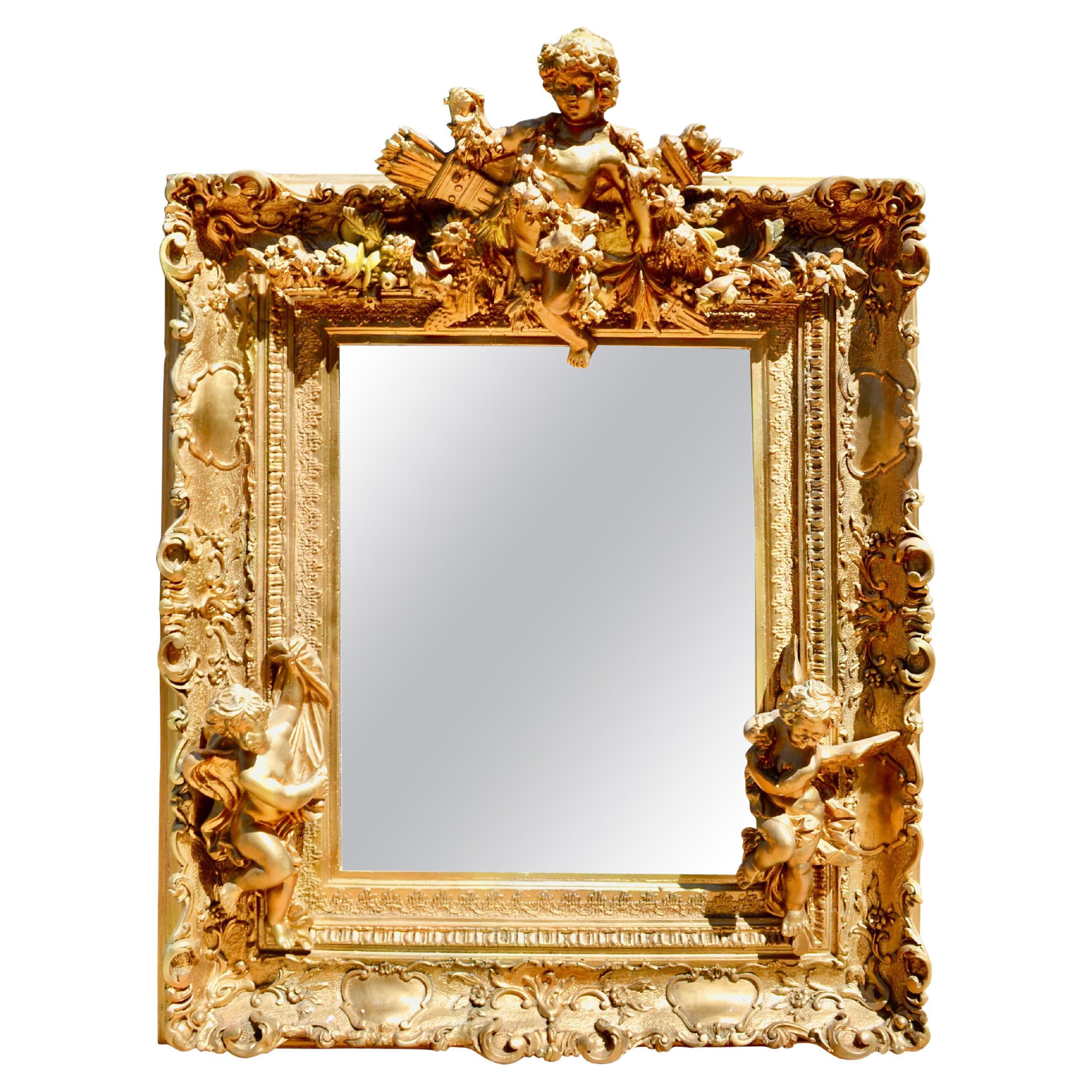 Miroir de style rococo de la fin du XIXe siècle, style Napoléon III, en bois doré et cadre en gesso