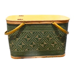 Mid-Century Modern Green and Brown Woven Picnic Basket with Handles