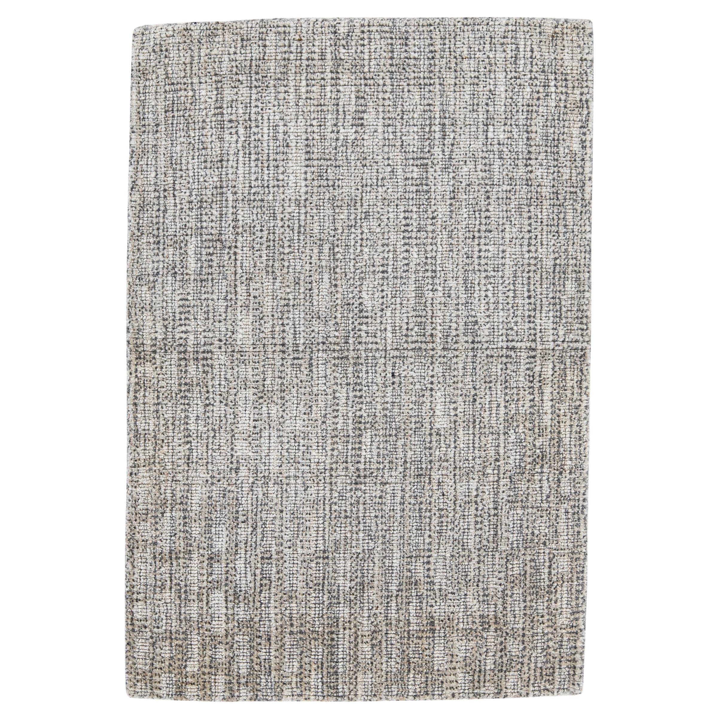 Transitional Handmade Custom Light Gray Wool Rug For Sale