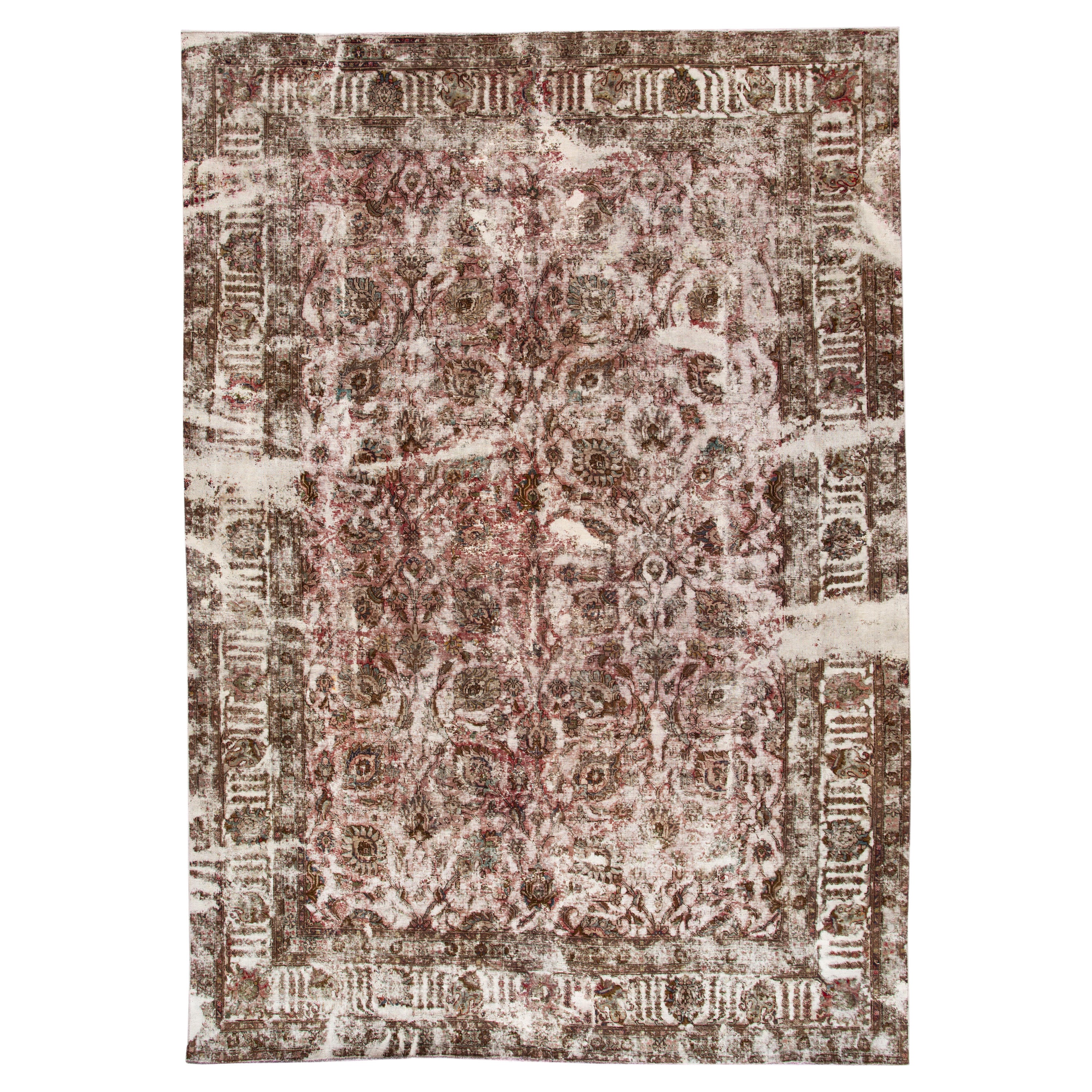 Vintage Mahal Handmade Allover Motif Rust Distressed Oversize Wool Rug