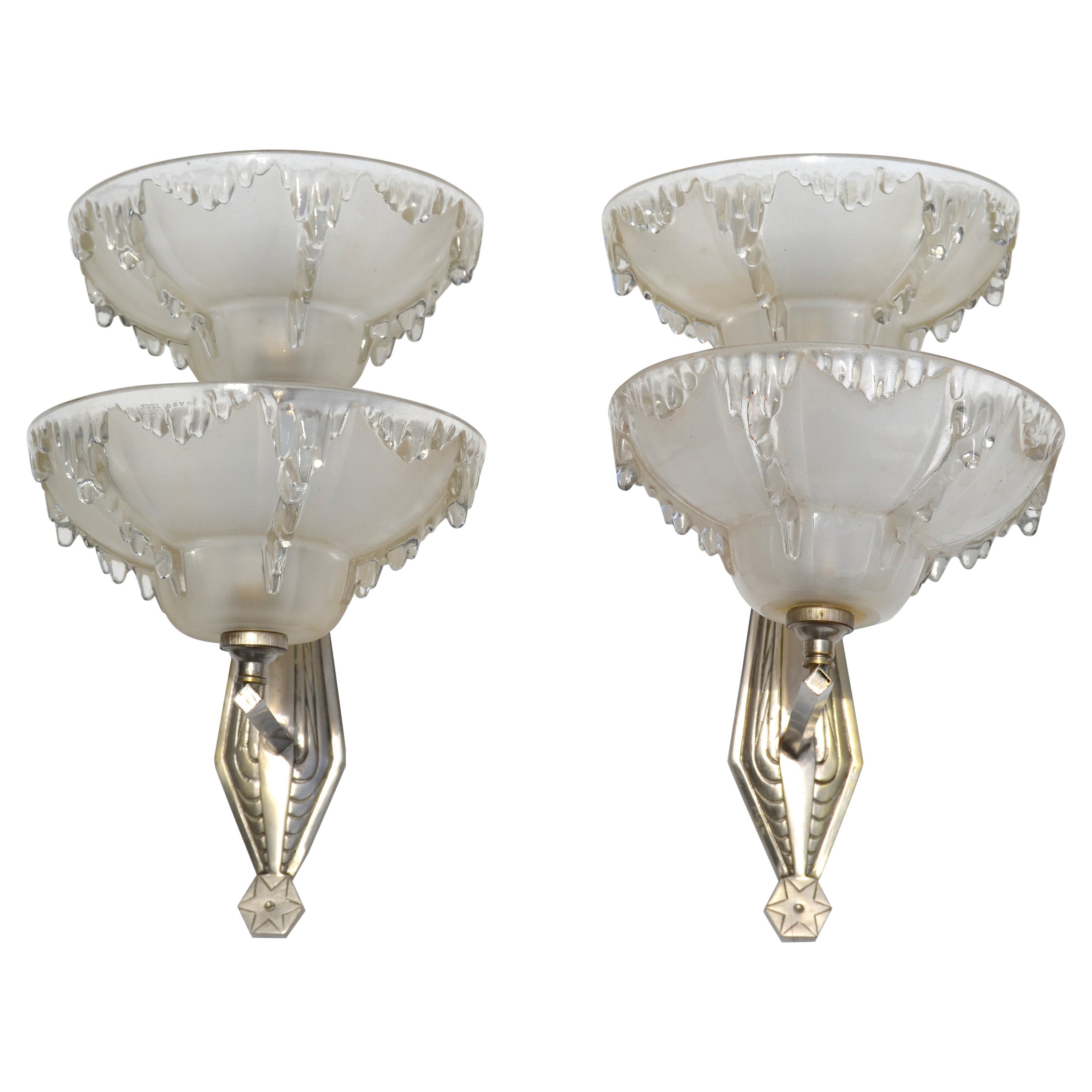 Art Deco Blown Murano Glass & Steel Wall Sconces France Mid-Century Modern, Pair For Sale