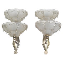 Vintage Art Deco Blown Murano Glass & Steel Wall Sconces France Mid-Century Modern, Pair