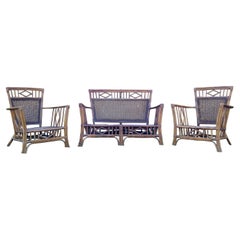 Vintage Chinese Chippendale Rattan Sette with Matching Chairs