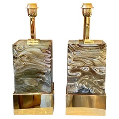 Pair of Modern Tan and White Swirled Murano Glass and Brass Lamps