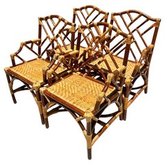 Vintage Coastal Tortoise Shell Rattan Chinese Chippendale Dining Chairs