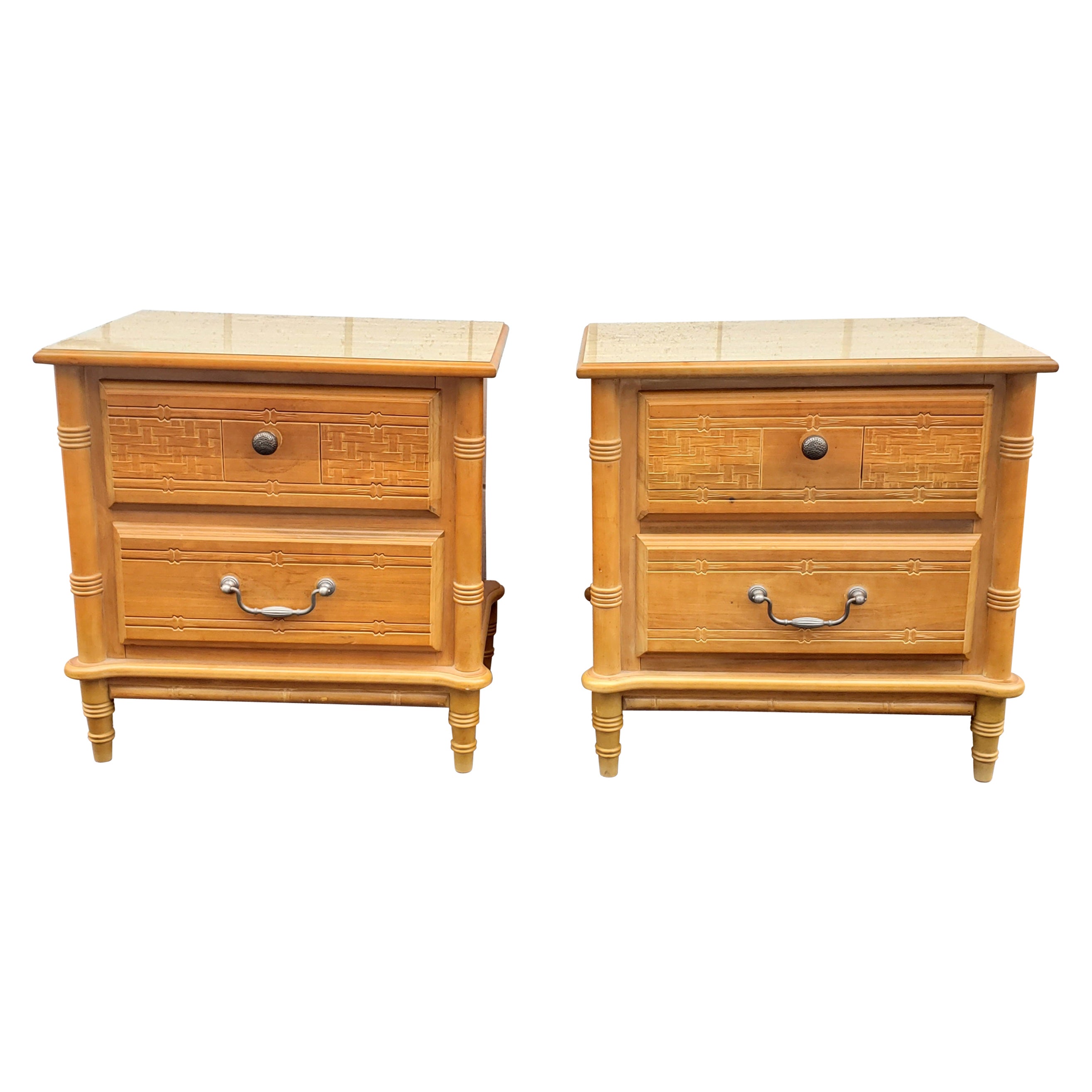 Mid Century Faux Bamboo Maple Nightstands, a Pair For Sale