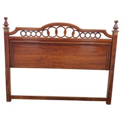 Retro Mid Century Oak Panel Brass Mount Queen Size Headboard 