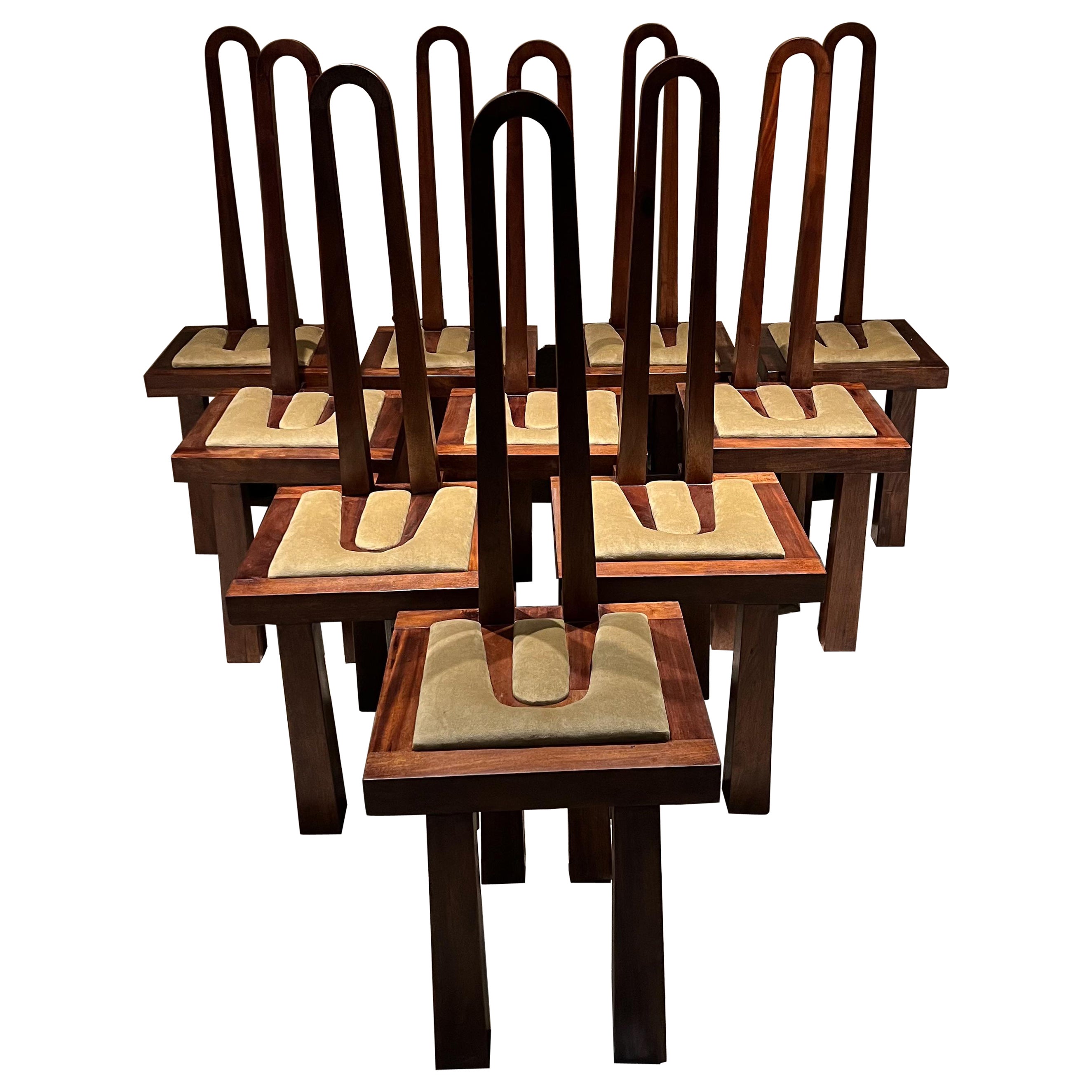 For your consideration, Set of Ten Dramatic Dining Chairs
Mexico City Custom design 1970s Set of Ten Tall Chairs in Mahogany Wood.
Sculptural High Back Modern, Nakashima inspired.
Unmarked. Perfect and ready to go!
Preowned restored good vintage