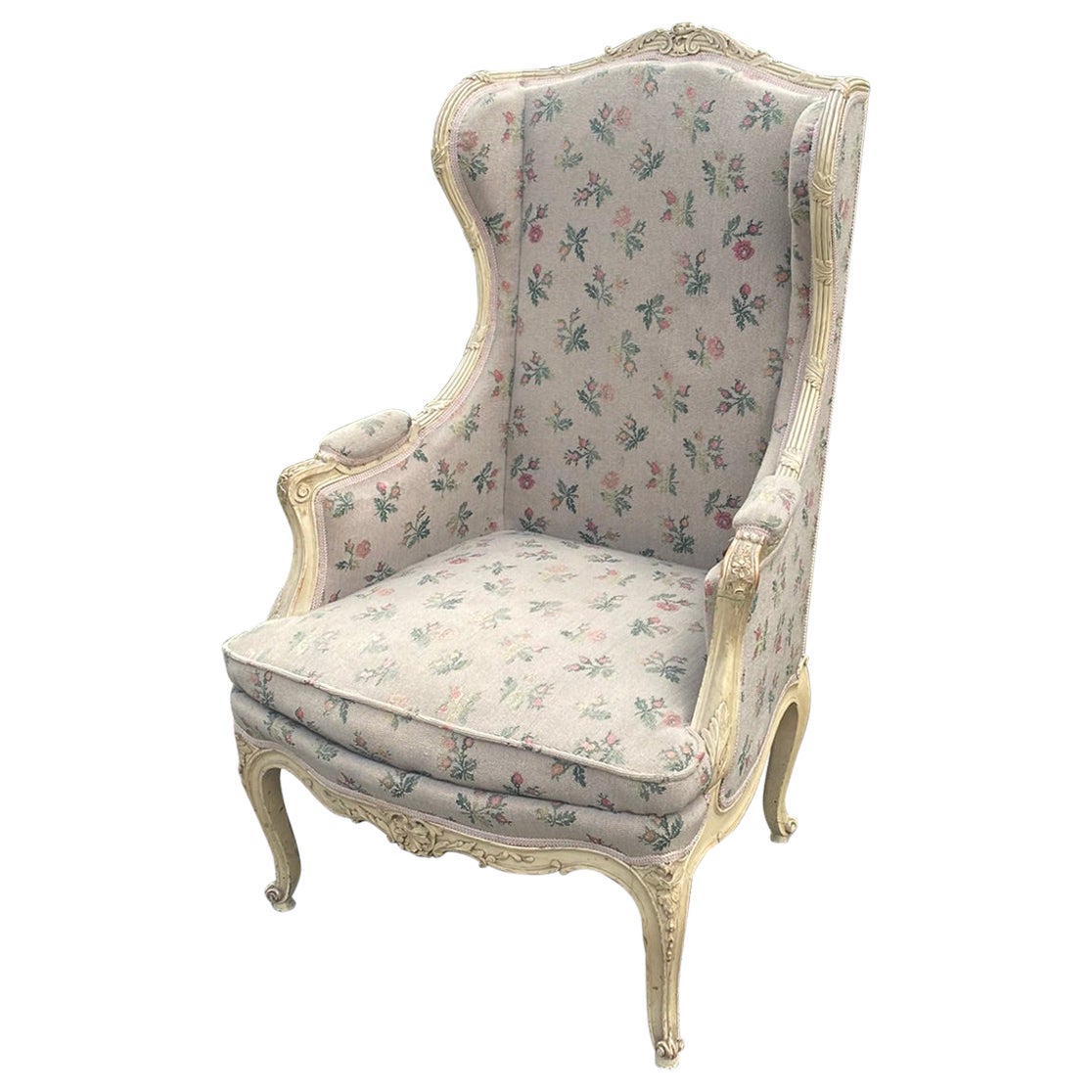 Bergere Wing Chair, Louis XV Style, in Patinated Wood, circa 1930