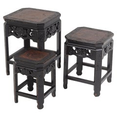Antique Decorative Oriental Ebonised Japanese Nest of Tables Plant Stands, Set of 3