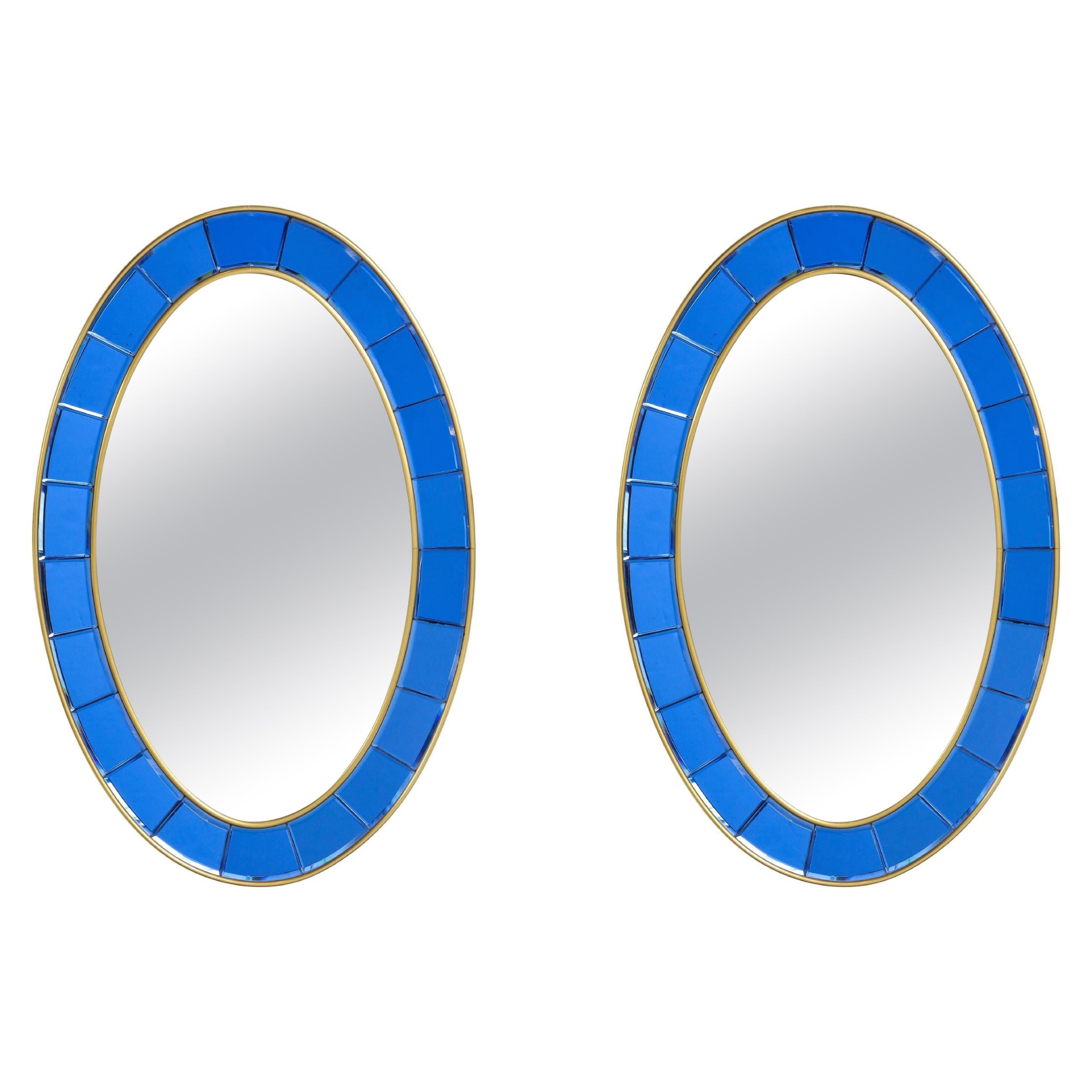 Cristal Art Rare Pair of Oval Blue Hand-Cut Beveled Glass Mirrors For Sale