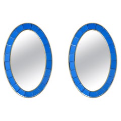 Cristal Art Rare Pair of Oval Blue Hand-Cut Beveled Glass Mirrors