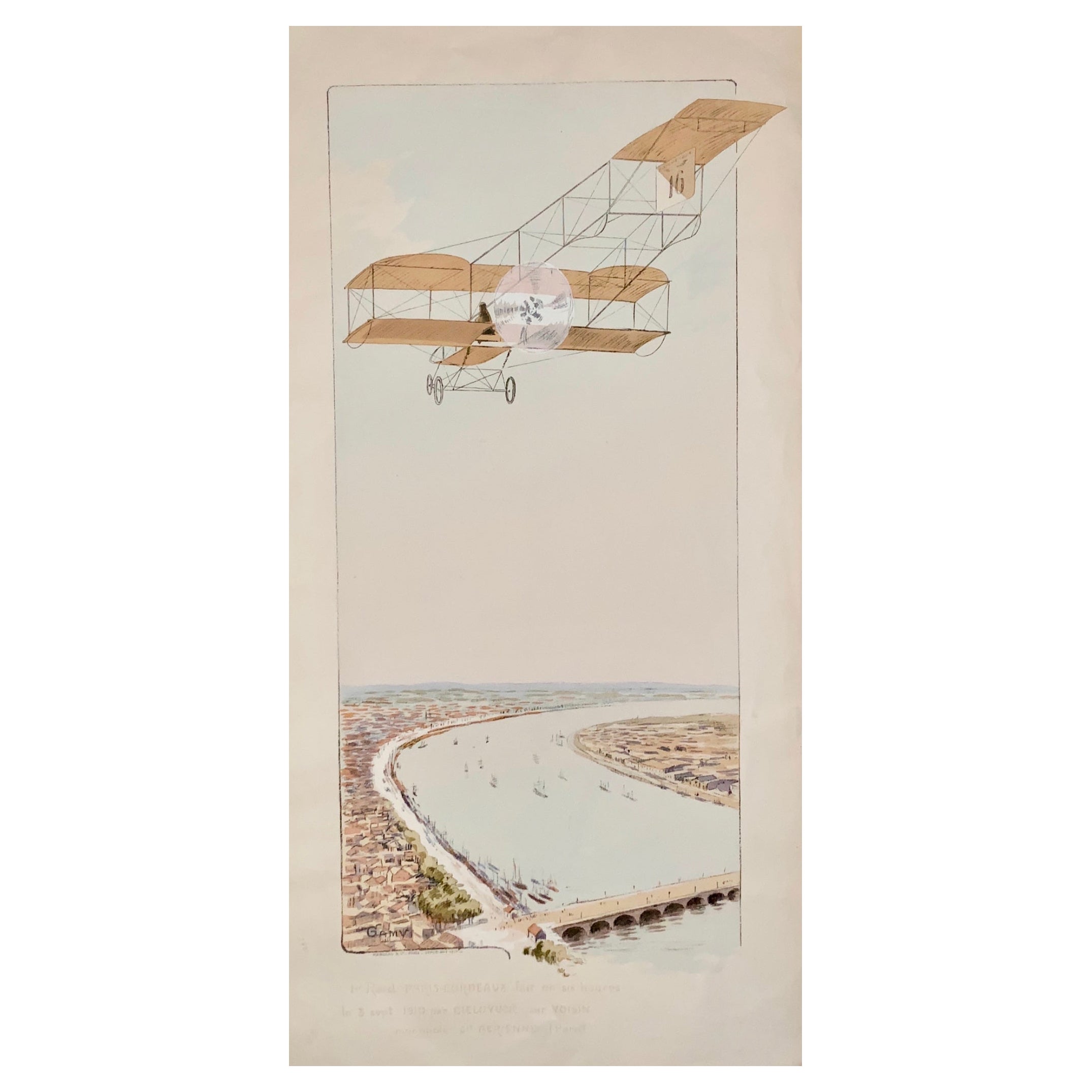 1910 Montaut, Ernest Aviation Race above Paris, Pochoir Coloured For Sale