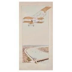 Antique 1910 Montaut, Ernest Aviation Race above Paris, Pochoir Coloured