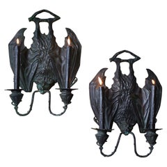 20th Century Gothic Bronze Bat Wall Sconces, After William Tonks for Liberty