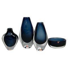 Set of Four Nils Landberg Vases & Bowl Midnight Blue Sommerso Glass Orrefors 