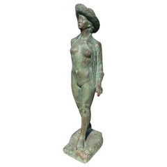 Vintage Japanese Tall Bronze Lady with a Summer Hat, Isao