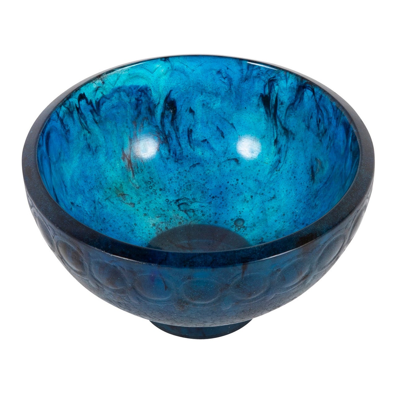 Francois Decorchemont Footed Glass Bowl of Pate de Verre in Mottled Blue For Sale