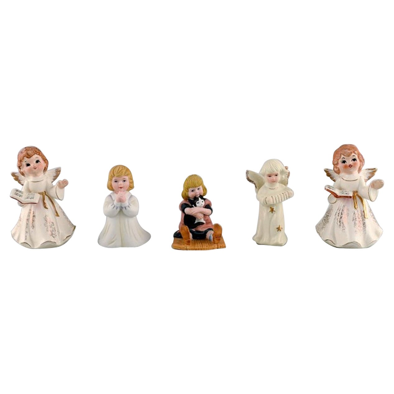 Fünf Porzellanfiguren, Engel und Kinder, 1980er Jahre